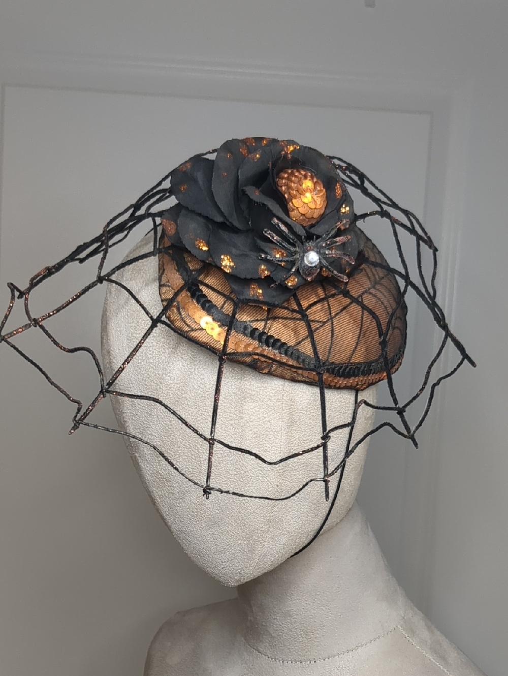 Department 56 Halloween Fascinator Hat Spider Web Black Flower